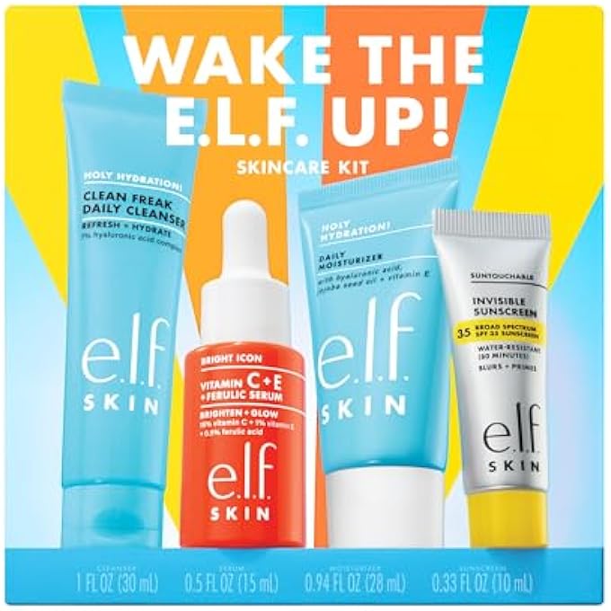 elf SKIN WAKE THE UP SKINCARE KIT, TRAVEL-SIZE HYDRATING FACE CLEANSER, SUNSCREEN, MOISTURIZER & BRIGHTENING SERUM, VEGAN & CRUELTY-FREE - Image 1